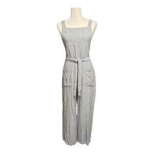 Free People Pinstripe Grey & White Linen Blend Jumpsuit Open Back Size 6 UU0919